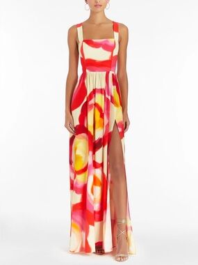Amanda Uprichard Red, Pink & Yellow Floral Maxi Dress with High Slit